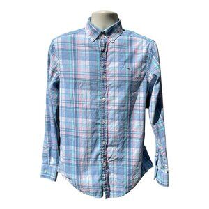 Vineyard Vines Dress Shirt Whale Mens Size Small Pink Blue Plaid 100% Cotton